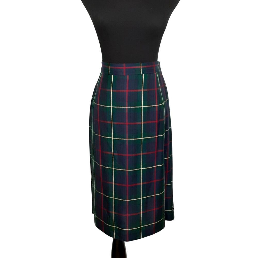 Vintage 80s Tartan Plaid Kilt Midi Skirt Emerald Green Womens 16 USA Academia
